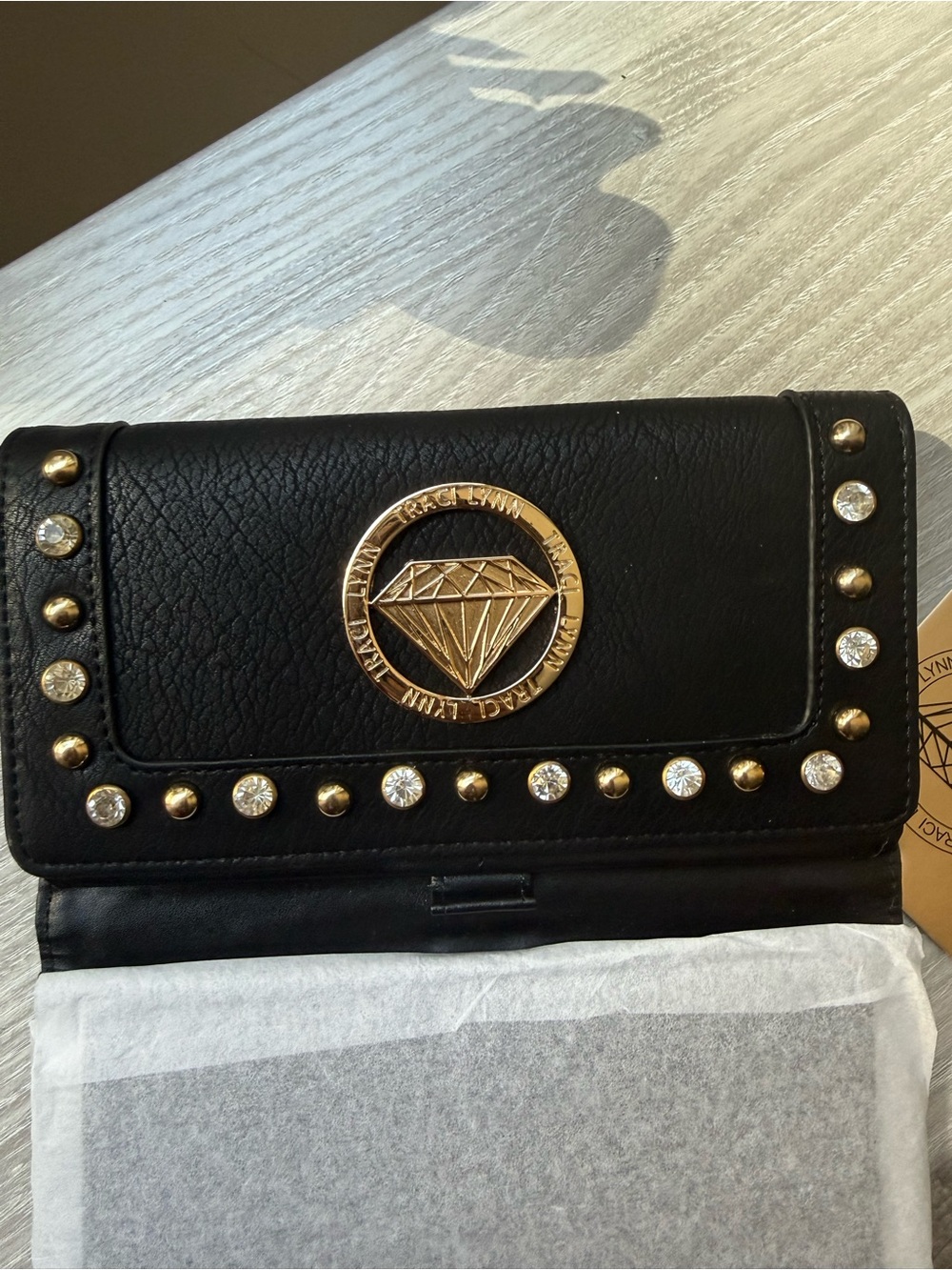 Traci Lynn Black Studded Dome Handbag Set w Matching Wallet Crystal Diamond Top - Picture 12 of 15